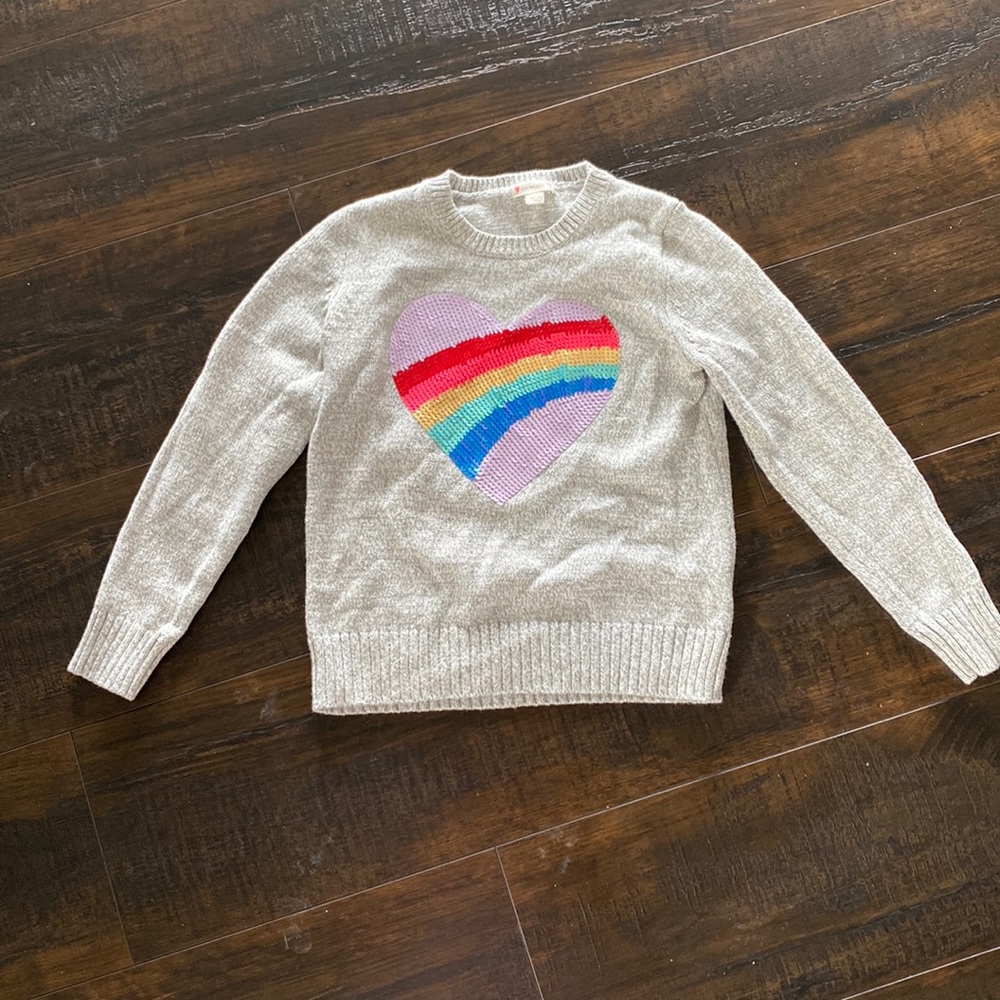Crewcuts gray sweater with sequins rainbow heart on front.